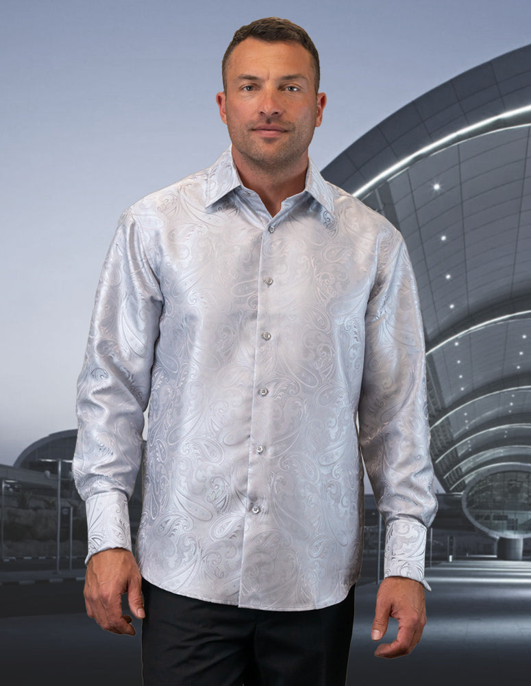 Men's Dress Shirt Long Sleeves Fancy Woven with Cuff Links | WS-100-Silver WS-100 / Silver / XXXL