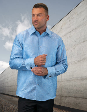 Men's Dress Shirt Long Sleeves Fancy Woven with Cuff Links | WS-100-Sky Blue