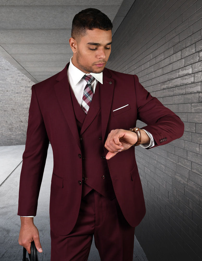 Men’s Burgundy solid 3pc suit modern fit flat front pants double‑breasted vest super 180’s italian wool STATEMENT SUITS ZARGALA