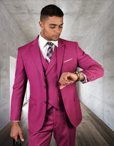 Men’s Fucshia solid 3pc suit modern fit flat front pants double‑breasted vest super 180’s italian wool STATEMENT SUITS ZARGALA