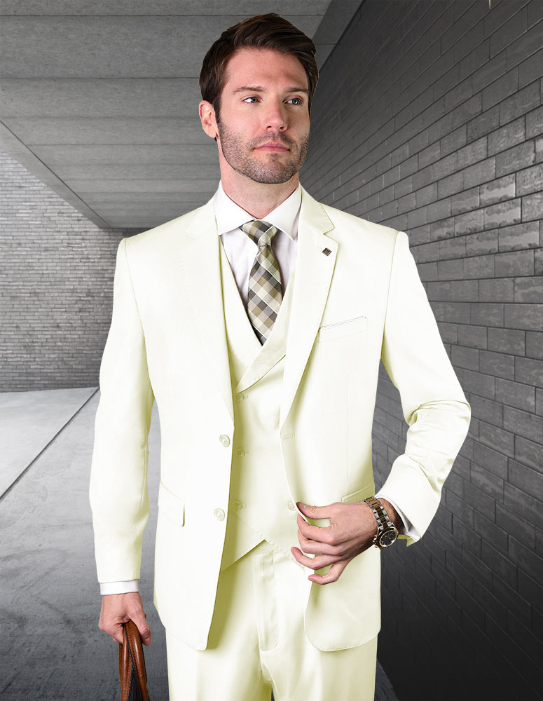 Men’s OffWhite solid 3pc suit modern fit flat front pants double‑breasted vest super 180’s italian wool STATEMENT SUITS ZARGALA
