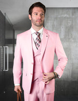Men’s Pink solid 3pc suit modern fit flat front pants double‑breasted vest super 180’s italian wool STATEMENT SUITS ZARGALA