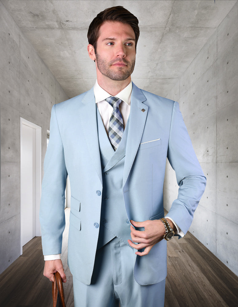 Men's 3pc Suit with Flat Front Pants | ZARGALA-Powder Blue