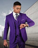 Men’s purple solid 3pc suit modern fit flat front pants double‑breasted vest super 180’s italian wool STATEMENT SUITS ZARGALA