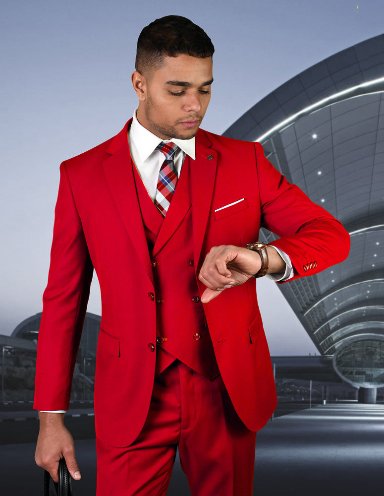 Men’s red .solid 3pc suit modern fit flat front pants double‑breasted vest super 180’s italian wool STATEMENT SUITS ZARGALA