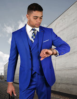 Men’s RoyalBlue solid 3pc suit modern fit flat front pants double‑breasted vest super 180’s italian wool STATEMENT SUITS ZARGALA