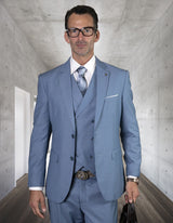Men’s steelblue solid 3pc suit modern fit flat front pants double‑breasted vest super 180’s italian wool STATEMENT SUITS ZARGALA
