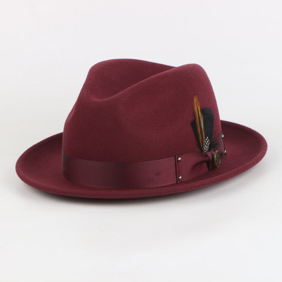 Burgundy Ayden Australian Wool Fedora Hat with center dent crown, satin grosgrain band, and feather bundle from Franky Fashion