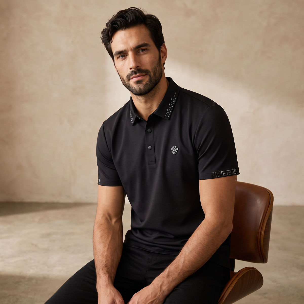 El Baron Perforated Collar Men's Performance Polo - Black/Silver