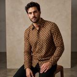 Barocco Textured Grid Men's Long Sleeve Shirt - Khaki