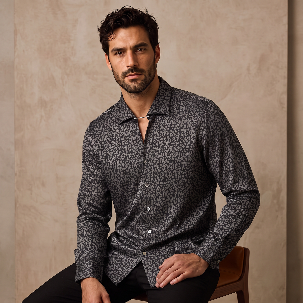 Barocco Tonal Leopard Men's Long Sleeve Shirt - Black