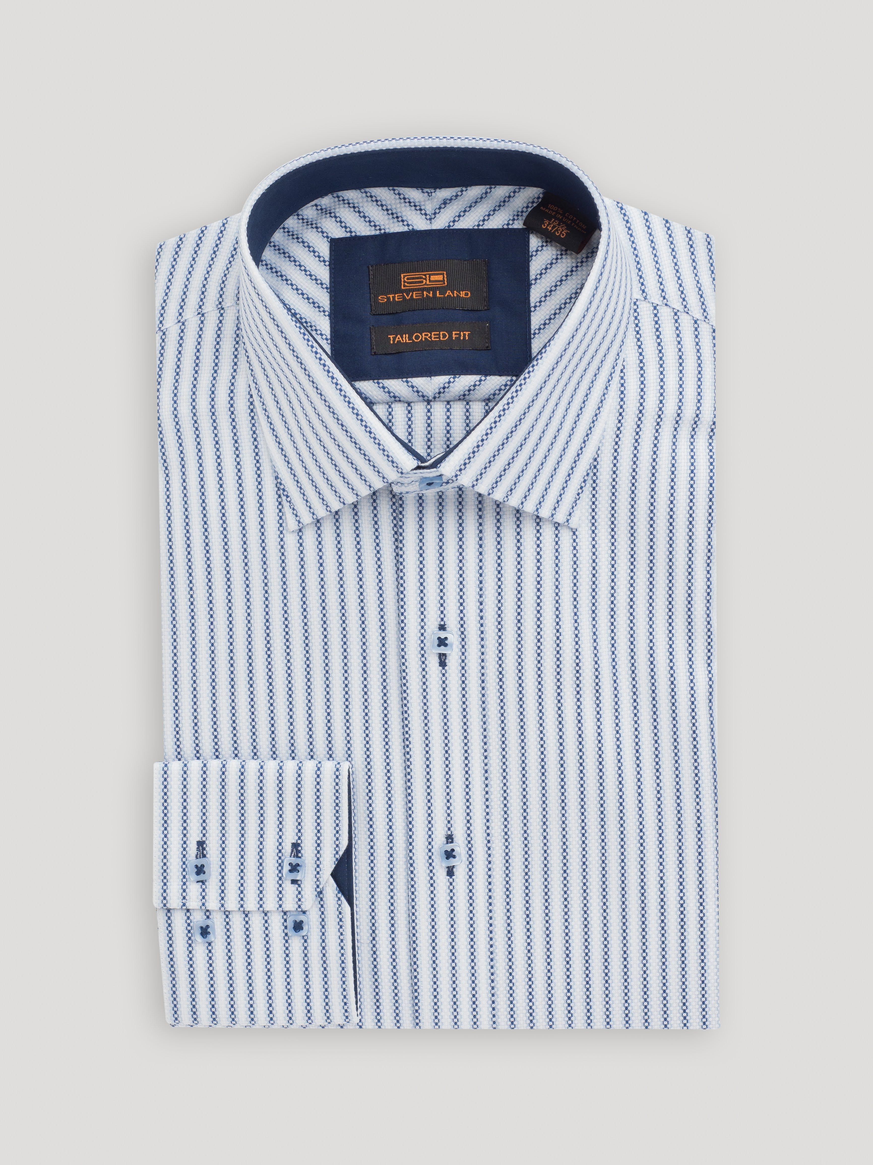Navy Beckett dress shirt with double button barrel cuff and point collar from Steven Land, featured at Franky Fashion