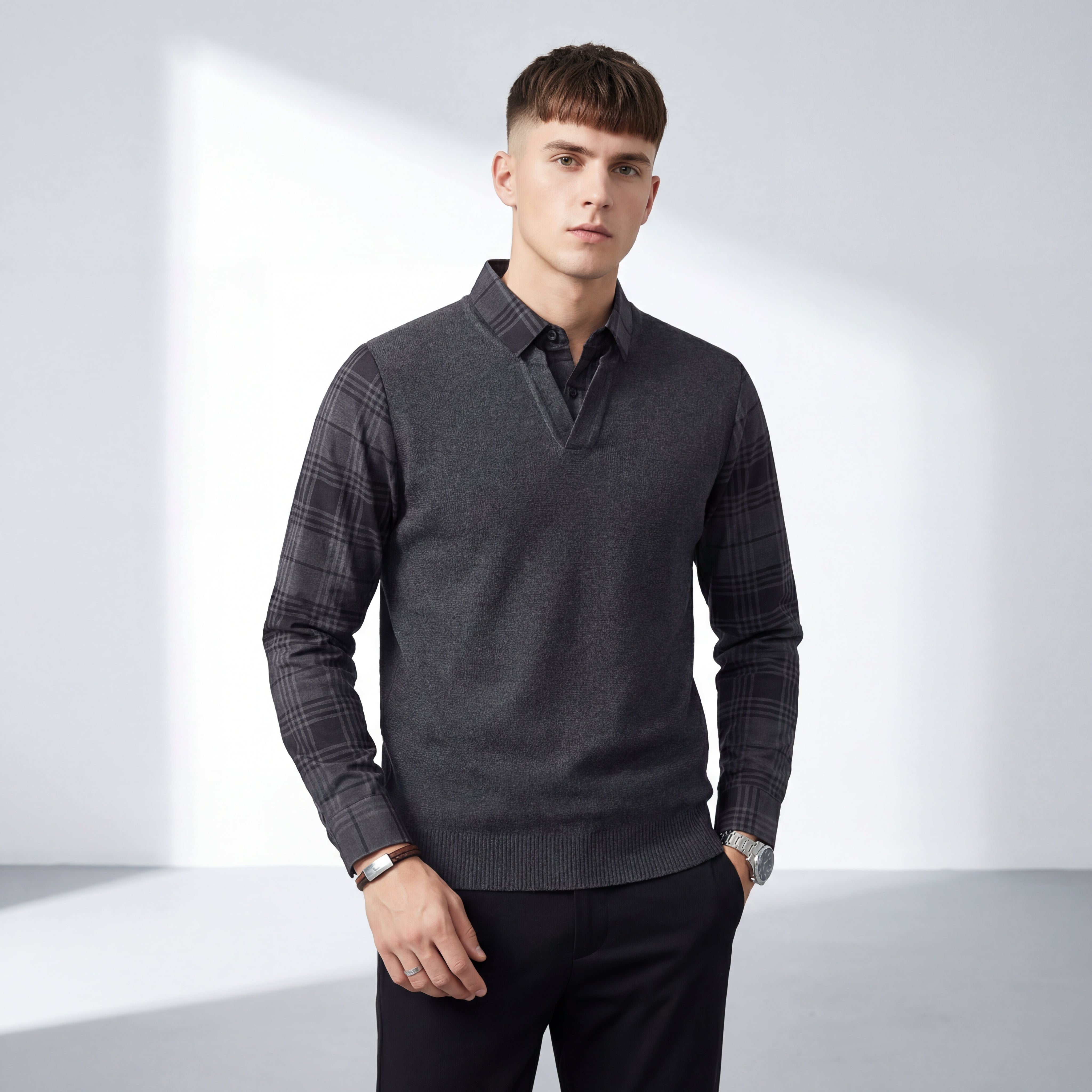 dress shirt sweater Dual-Layer Knit Fusion LS Sweater Shirt GREY