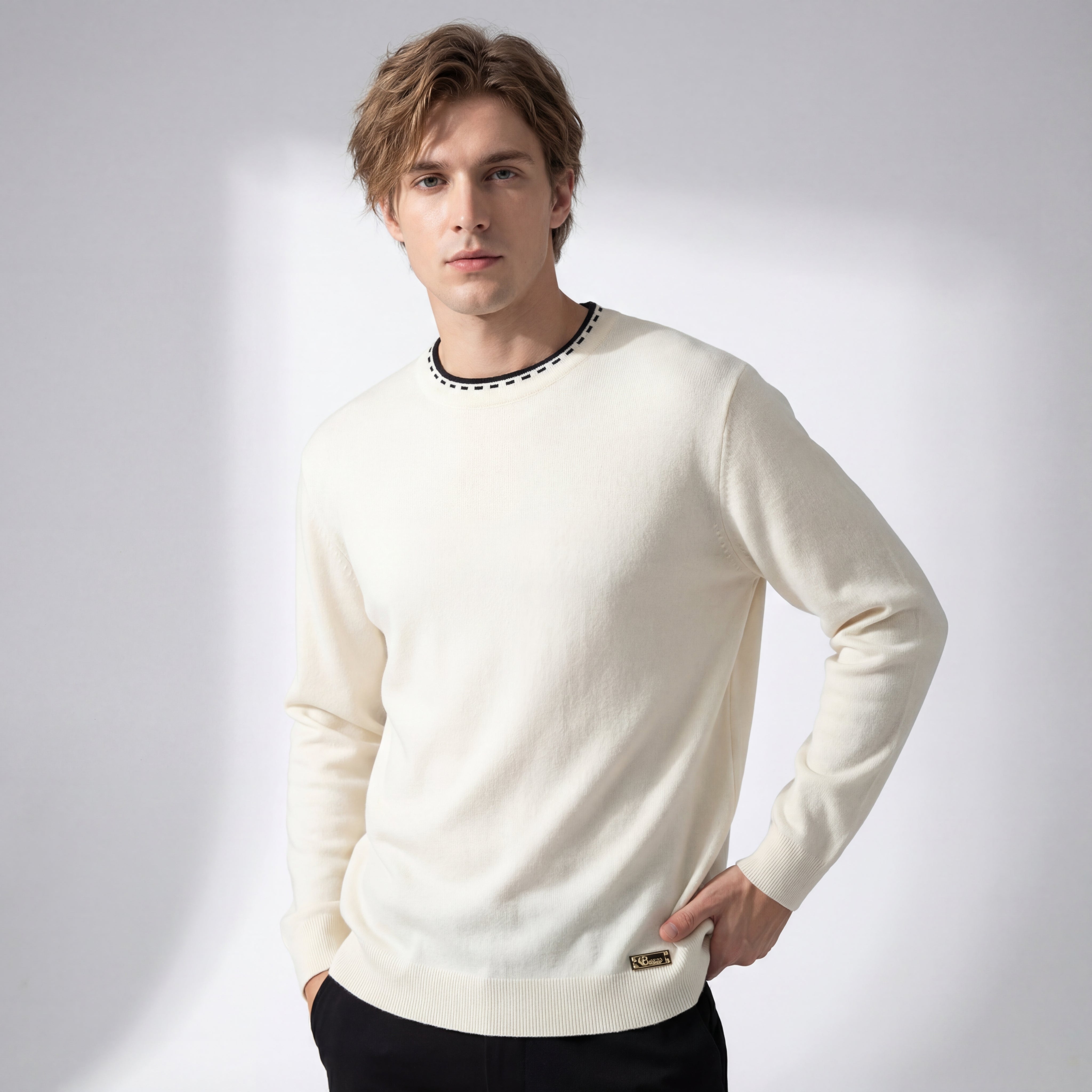 Axis Contrast Stitch Knit LS IVORY