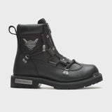 Men’s black leather Harley-Davidson Brake Light motorcycle boots D91680 – full-grain leather, twin zippers, lace-up, oil-resistant rubber outsole.
