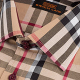 Khaki Tartan III dress shirt with classic collar and barrel cuff from Steven Land, featured at Franky Fashion