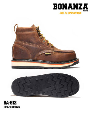Bonanza Boots | FRONTIER 6" Moc Toe Dual Density Wedge Work Boot | BA-612 | Crazy Brown