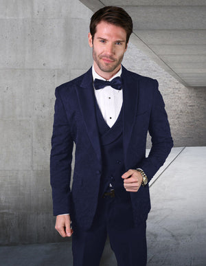Statement 3pc Navy Tuxedo, Modern Fit Flat Pants. Floral Pattern Jacket , Peak Lapel With Matching Bow Tie | BELAGIO15 | Navy
