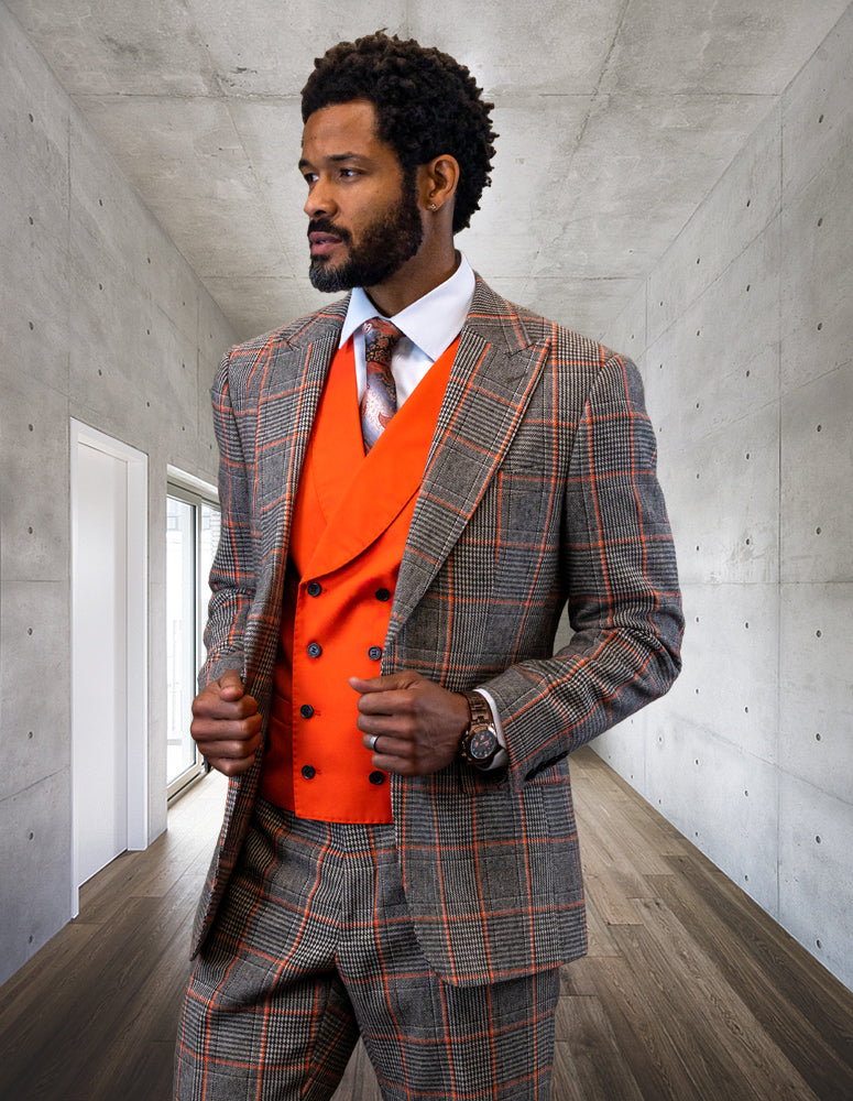 3pc Plaid Suit With Solid Color Contrast Double Breasted Vest.super 180's Italian Wool | Benson | Coral