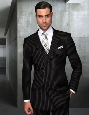 2pc Pinstripe Double Breasted Suit. Regular Fit Pleated Pants | DB-Zarelli | Black