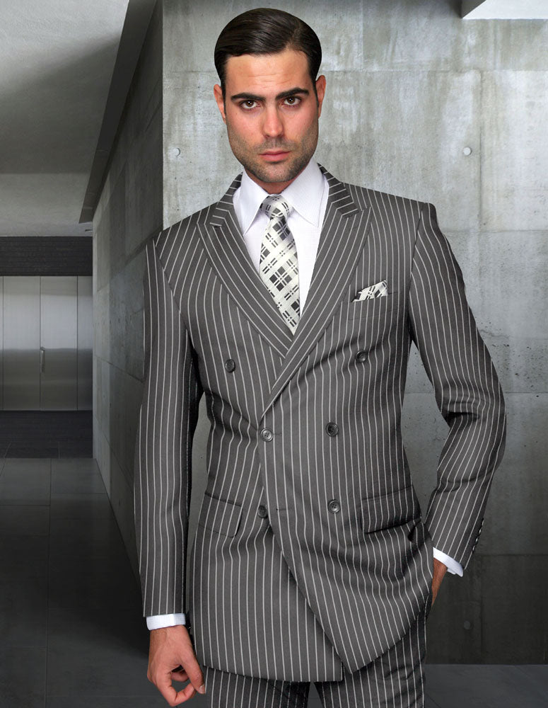2pc Pinstripe Double Breasted Suit. Regular Fit Pleated Pants | DB-Zarelli | Grey