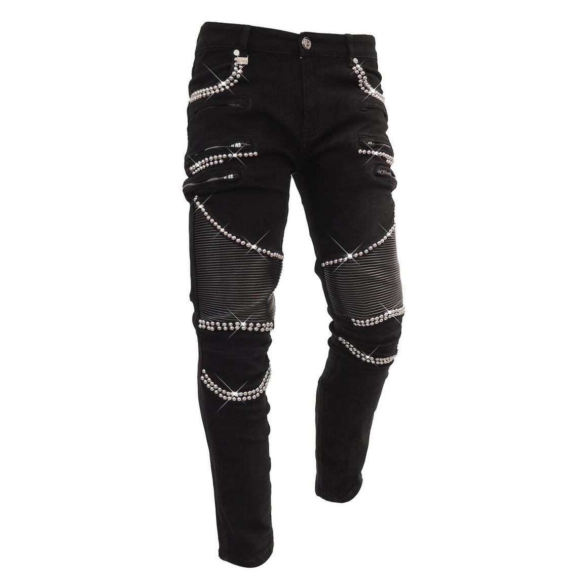 Men's Premier Denim Black Moto Jeans Pants Stretch Studded | DJ302