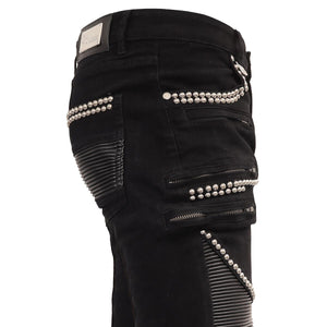 Men's Premier Denim Black Moto Jeans Pants Stretch Studded | DJ302