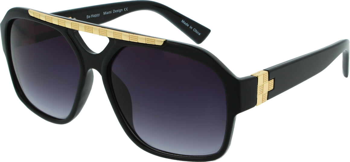 Semi-Round V Look Sunglasses | Unified Double Bridge | 100% UV Protection | 3309 Black & Gold w/ Smoke Lens