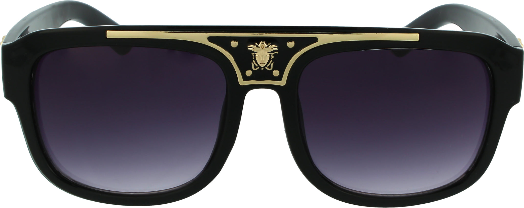 Semi-Round V Look Sunglasses | Unified Double Bridge | 100% UV Protection | 3309 Black & Gold w/ Smoke Lens