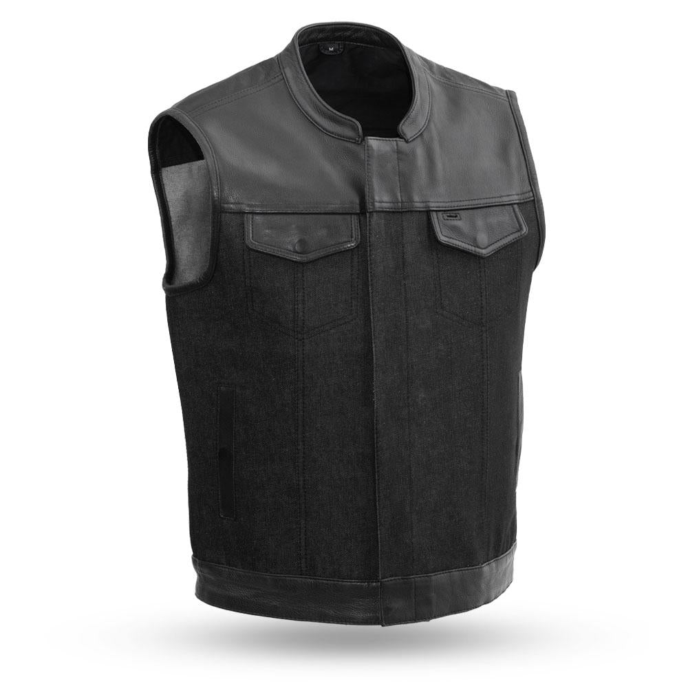 49/51 Men's Denim & Leather Combo Vest - FrankyFashion.com