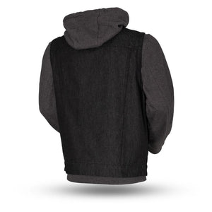 Rook - Men's Motorcycle Denim Vest with Gray/Black Base Hoodie - FrankyFashion.com
