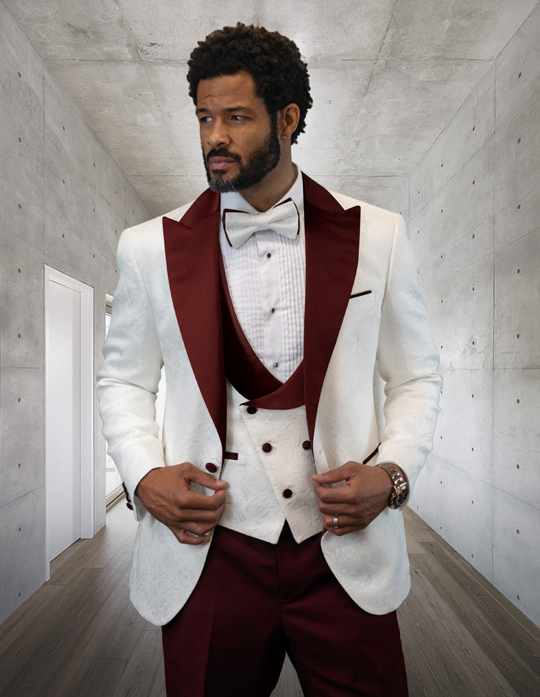 3pc Tuxedo Suit Fancy Jacket And Vest With Solid Color Pants. Including Bow Tie | Hilton | Burgundy
