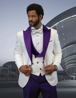 3pc Tuxedo Suit Fancy Jacket And Vest With Solid Color Pants. Including Bow Tie | Hilton | Purple