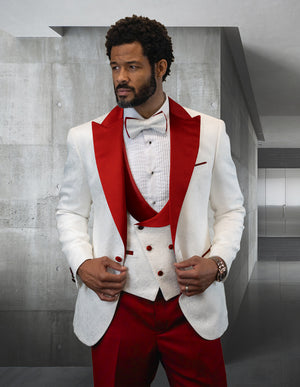 3pc Tuxedo Suit Fancy Jacket And Vest With Solid Color Pants. Including Bow Tie | Hilton | Red