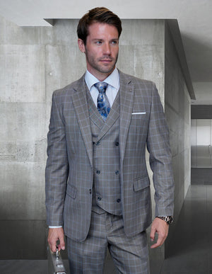 Statement 3pc Plaid Wool Suit. Modern Fit Flat Front Pants With Double Breasted Vest | Hugo - 1 | Grey