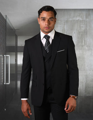 3pc Suit With Double Breasted Vest. Modern Fit Flat Front Pants Italian Wool Fabric Super 150's | Hugo - 2 | Black