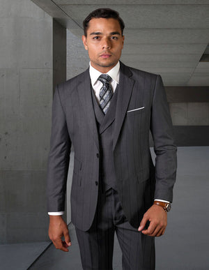 3pc Suit With Double Breasted Vest. Modern Fit Flat Front Pants Italian Wool Fabric Super 150's | Hugo - 2 | Charcoal