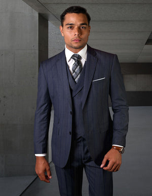 3pc Suit With Double Breasted Vest. Modern Fit Flat Front Pants Italian Wool Fabric Super 150's | Hugo - 2 | Indigo