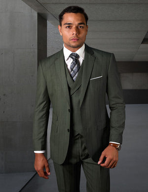 3pc Suit With Double Breasted Vest. Modern Fit Flat Front Pants Italian Wool Fabric Super 150's | Hugo - 2 | Olive