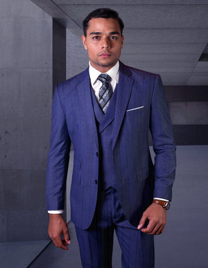 3pc Suit With Double Breasted Vest. Modern Fit Flat Front Pants Italian Wool Fabric Super 150's | Hugo - 2 | Sapphire