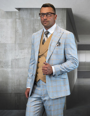 3pc Sb2 Peak Lapel Plaid Jacket And Pants With Solid Color Matching Vest | Phily | Grey