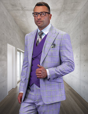 3pc Sb2 Peak Lapel Plaid Jacket And Pants With Solid Color Matching Vest | Phily | Lavender