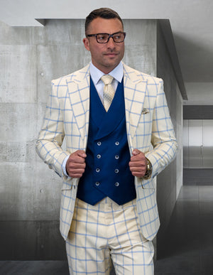 3pc Sb2 Peak Lapel Plaid Jacket And Pants With Solid Color Matching Vest | Phily | Off-white