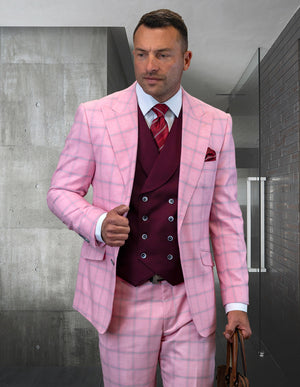 3pc Sb2 Peak Lapel Plaid Jacket And Pants With Solid Color Matching Vest | Phily | Pink