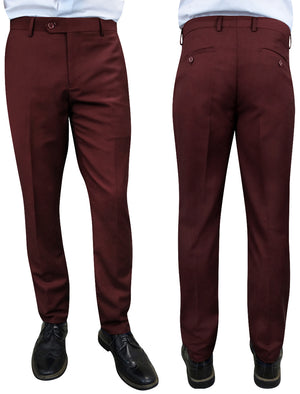 Men's Dress Pants Flat Front 100% Fine Wool Open Inseam | Burgundy | PL-100