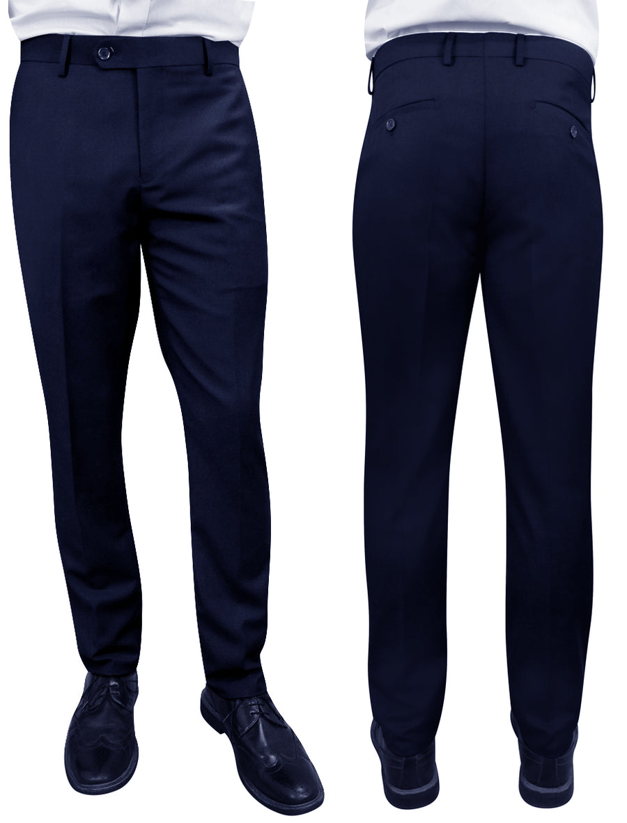 Men's Dress Pants Flat Front 100% Fine Wool Open Inseam | Navy | PL-100