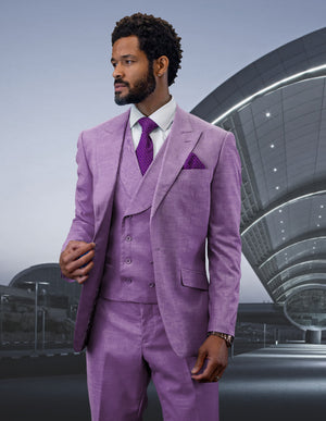 3pc 1button Peak Lapel With Shawl Collar Double Breasted Vest Super 180's Wool Suit | Rima | Lavender