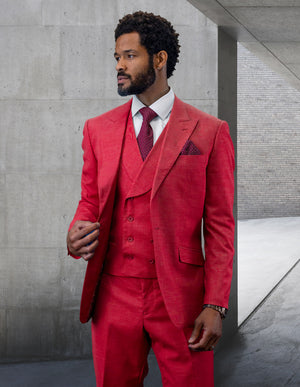 3pc 1button Peak Lapel With Shawl Collar Double Breasted Vest Super 180's Wool Suit | Rima | Magenta