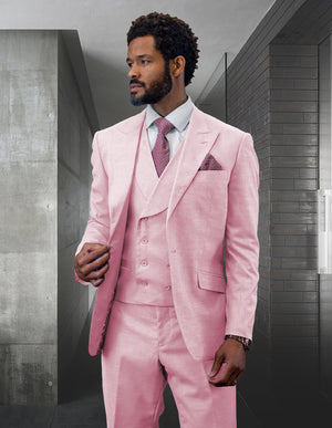 3pc 1button Peak Lapel With Shawl Collar Double Breasted Vest Super 180's Wool Suit | Rima | Pink