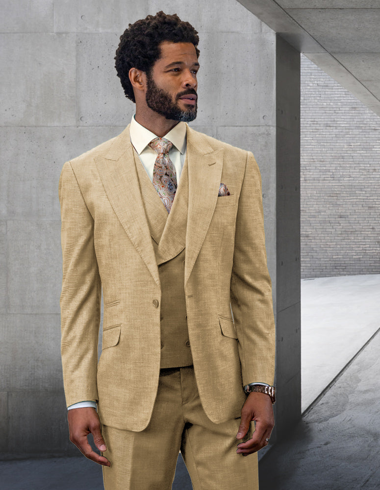 3pc 1button Peak Lapel With Shawl Collar Double Breasted Vest Super 180's Wool Suit | Rima | Tan